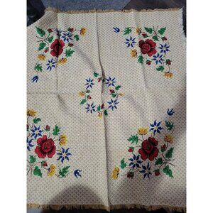 Hand Painted Card Table Cloth Napkins Red Blue Green Yellow Floral Vtg 31in 11in